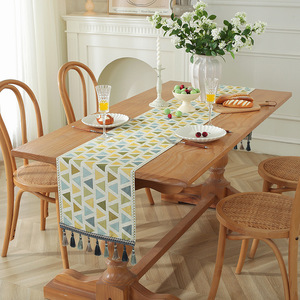<b>Table</b> <b>Runner</b> Cotton Linen Printed Geometric Pattern Tassel Trim For <b>Dining</b> <b>Table</b> Living Room Home Decor - Product Image 5