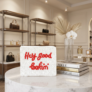 Hey Good Looking Beaded Pouch White <b>Red</b> Coin <b>Purse</b> Valentine Gift Mini Zip Wallet Boutique Wholesale Novelty Accessory - Product Image 1