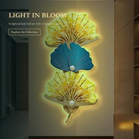 Décoration murale LED en MDF Feuille de Ginkgo Or Vert, accent botanique lumineux pour hall d'hôtel, entrée, intérieurs modernes et luxueux