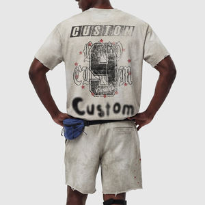 Custom logo Acid Wash Raw Edge Two Piece Set 100% katoen vintage gewassen distressed shorts en t-shirt set voor heren - Product Image 4