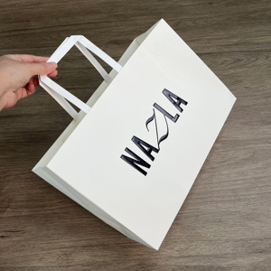 Cheap Wholesale Custom White Kraft Paper Bags with Black Logo - Flat Handle Shopping Bags for Clothes - Product Image 5