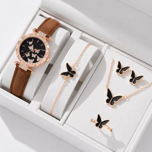 5PCS Women's Butterfly Gold Plated Trendy Wedding Engagement Jewelry Set <b>Watch</b> Ring <b>Necklace</b> Earrings Bracelet Without Box - Product Image 4