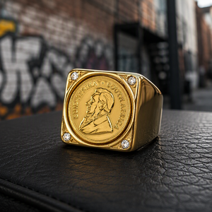Anillo de sello con diseño de moneda <span class=keywords><strong>Kruger</strong></span> de Sudáfrica, chapado en oro de 18K, de acero inoxidable, cuadrado, de banda ancha y pesada, joyería vintage con moneda para hombre - Product Image 4