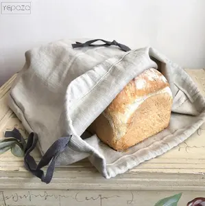 Tas Serut Roti Linen Murni 100% Murni Dapat Digunakan Kembali Tas Kain Katun Linen Cetak Kustom Pedesaan