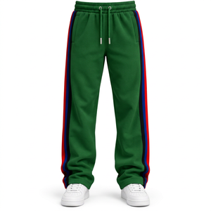 Pantalon de survêtement en molleton vert pour homme avec bandes latérales rouges, bleues et noires, taille élastique et cordon de serrage, décontracté, 100 % coton, léger, hiver - Product Image 1
