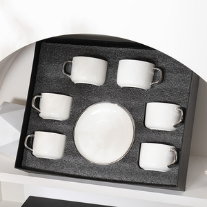 Modern 250ml Gold Handle Ceramic Tea <b>Cup</b> and Saucer <b>Set</b> White Striped Coffee <b>Cup</b> <b>Set</b> of 6 - Product Image 4