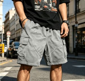 Custom Logo Men's Cargo Shorts Mid-Waist Drawstring Casual Gray Cotton Pockets Breathable Style - Product Image 1