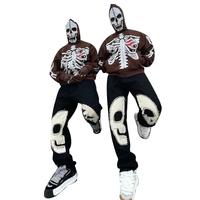Pantalon en coton personnalisé coupe droite, survêtement ample avec patchwork tête de mort brodé, effet empilé pour homme