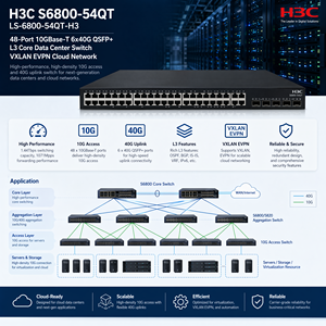 H3C S6800-54QT LS-6800-54QT-H3เครือข่ายคลาวด์ VXLAN EVPN 6x40G QSFP + ศูนย์ข้อมูล L3คอร์10GBase-T 48พอร์ต - Product Image 3