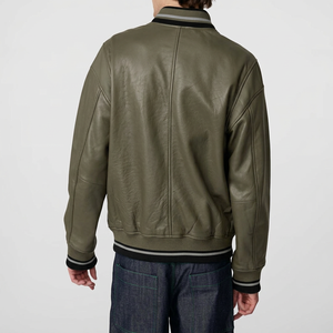 Wholesale <b>Men</b>’s Genuine <b>Leather</b> Varsity <b>Jacket</b> <b>Men's</b> Olive Green PU <b>Leather</b> Bomber <b>Jacket</b> With Cream Panels - Product Image 2