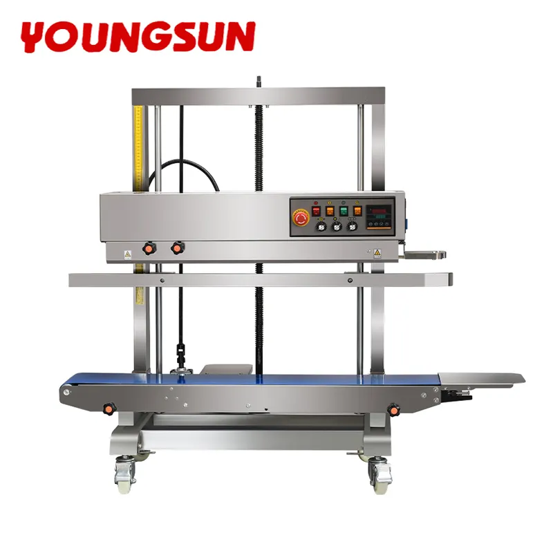 YOUNGSUN acciaio inossidabile FR-1200V continuo verticale regolabile in altezza rullo di inchiostro fascia di stampa calore grande sigillatrice per sacchetti