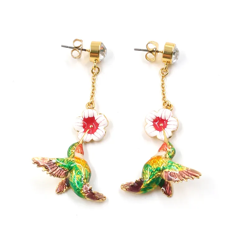 Top Design Jewelry Cute Animal Colorful Enamel Women Gold Plated Wholesale Creative Charm Colorful Flying Bird Flower Earrings