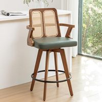 Tabouret de bar pivotant en rotin vert style Mid-Century, chaise de comptoir en bois courbé avec accoudoirs en cuir pour la maison et la cuisine