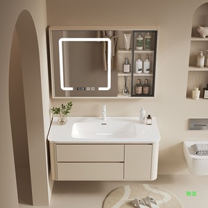 Mueble de baño moderno de madera maciza con lavabo integrado de cerámica, combinación inteligente de lavabo y mueble. - Product Image 1