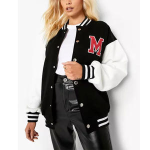 Mode femmes décontracté simple boutonnage poches couture Varsity veste longue surdimensionnée rose cuir manches Varsity veste - Product Image 5