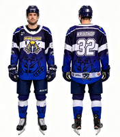 Jersey Hoki Es Kiwi Storm Full Print Buatan Cina, Biru Hitam Putih Blok, Bahan Polyester Bernapas, Pakaian Pertandingan Tim Liga Kustom