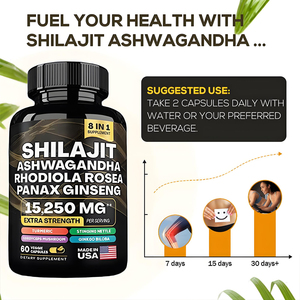 8 trong 1 bổ sung shilajit Ashwagandha Rhodiola Rosea nhân sâm <span class=keywords><strong>Panax</strong></span> Nhân Sâm 15250mg thêm sức mạnh 60pcs viên nang - Product Image 5