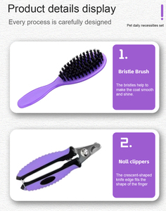 Ensemble de 9 pièces produit de toilettage pour animaux de compagnie sac violet portable et brosse multifonction chien chat enlèvement des ongles nettoyage des cheveux usage domestique - Product Image 2