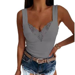 Mujeres verano moda cuello en V tanque Casual Color sólido encaje sin mangas Sexy camisas Slim Tops - Product Image 4
