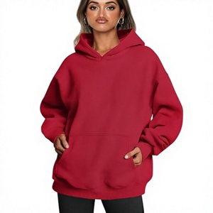 Oversized Hooded <b>Sweatshirt</b> Solid Color Fleece Long Sleeve Pocket Casual Wear Autumn Style <b>Red</b> - Product Image 1