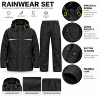 Combinaison de pluie noire pour moto pour homme, veste de pluie imperméable à capuche et pantalon cargo, ensemble deux pièces pour la conduite et les trajets quotidiens
