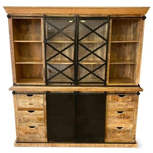 Aparador industrial de madera de mango para Buffet, aparador con puerta corredera de hierro y cajón ancho, 2 partes, acabado negro y natural - Product Image 2