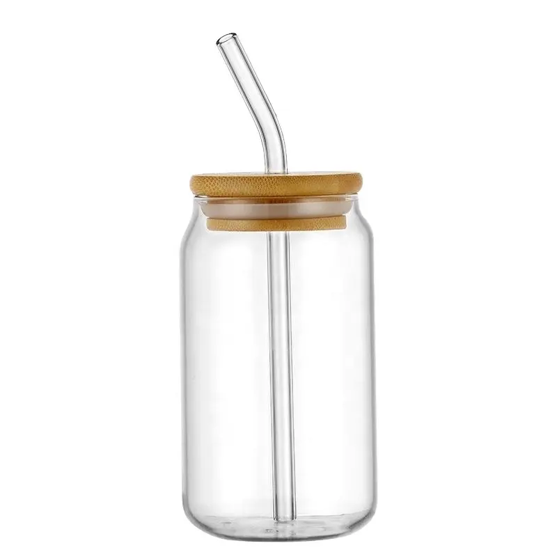 Doorzichtige Bierglazen 12Oz 16Oz Dubbelwandige Hoge Borosilicaatglas Kan Beker Met Bamboe Deksel En Stro Bier Stein