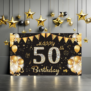 Joyeux 50e <span class=keywords><strong>anniversaire</strong></span> bannière <span class=keywords><strong>personnalisé</strong></span> créatif noir or <span class=keywords><strong>anniversaire</strong></span> fond tissu photographie fond bannière - Product Image 1