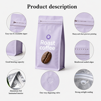 Sachets de café à fond plat avec valve, en aluminium imprimé sur mesure, couleur violette, fabriqués directement par le producteur, pour grains de café torréfiés
