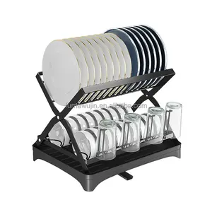 Cozinha dupla camada dobrável X forma permanente prato secagem rack com acessórios de cozinha escorredor
