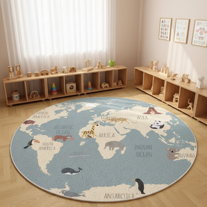 Alfombra Redonda Decorativa para el Hogar, Diseño de <span class=keywords><strong>Mapa</strong></span> del Mundo con Animales de Dibujos Animados, Alfombra Escandinava Antideslizante con <span class=keywords><strong>Mapa</strong></span> del Mundo, Alfombra Gruesa con Estampado - Product Image 4