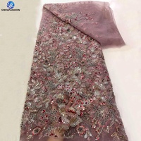 Sinya 5 Yardas de Encaje Francés de Lujo con Cuentas de Cristal y Lentejuelas 3D, Malla de Tul Africana de Alta Calidad con Cuentas para Vestidos de Novia