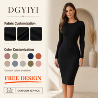Robe moulante côtelée à col rond et manches longues 280 GSM pour femme, longueur genou, coupe ajustée, élégante, opaque, avec logo personnalisé OEM – Vente en gros