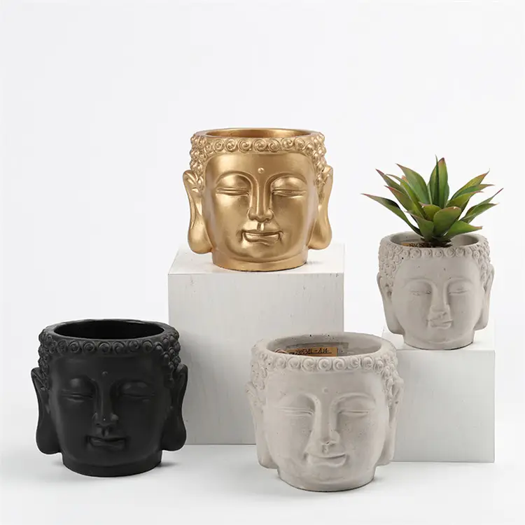 Commercio all'ingrosso personalizzato indoor outdoor garden decoration gold cement fioriere face statue head flower pot buddha plant pots