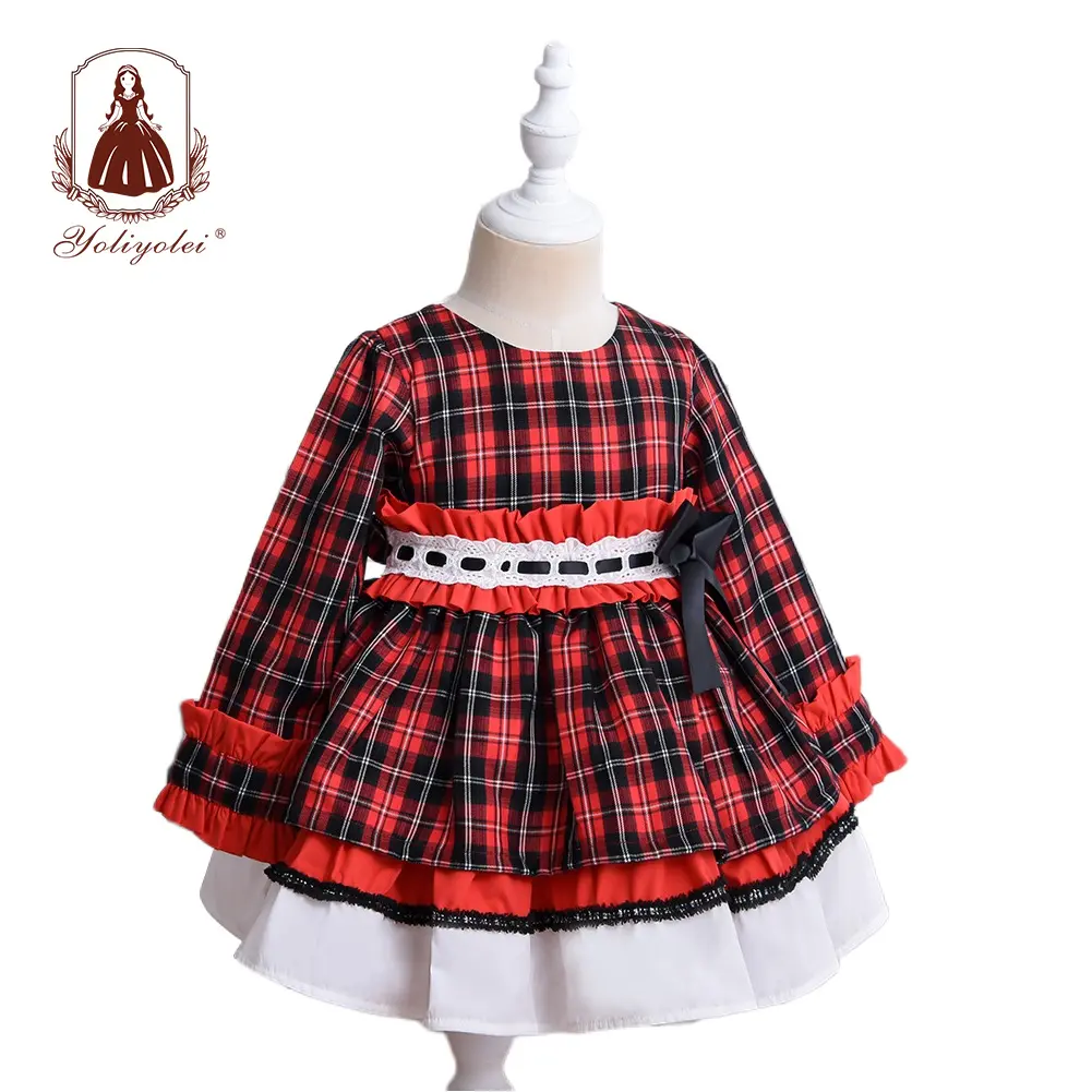 Retro Vintage Toddler Kids Clothes Cotton Little Girl Long Sleeve Elastic Waistband Red Check Birthday Christmas Spanish Girl Dr