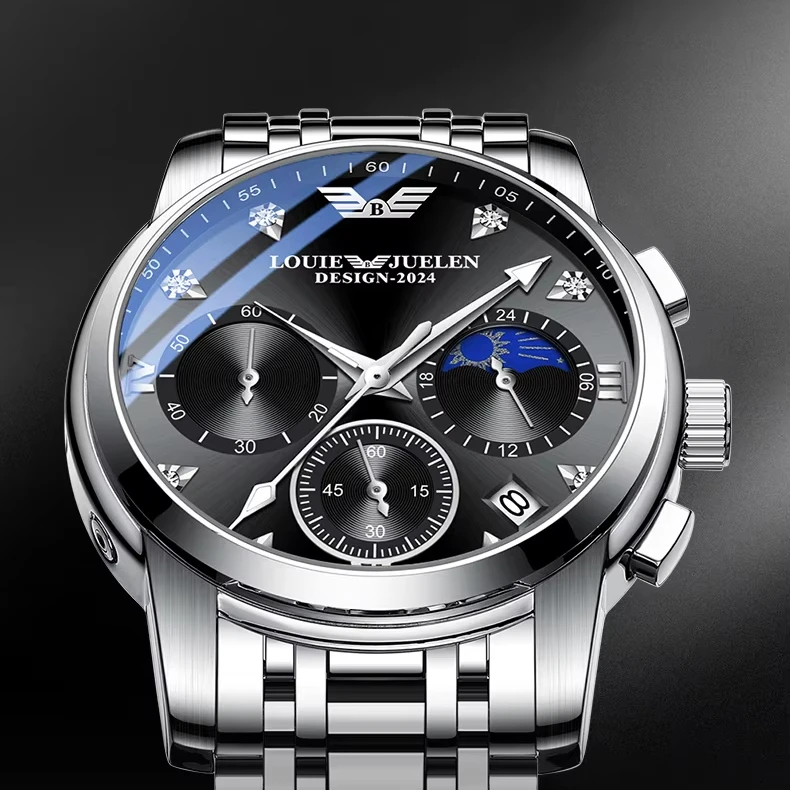 Men's Alloy Case Business Stainless Steel Quartz Watch with Luminous Calendar Sun/Moon/Stars Design