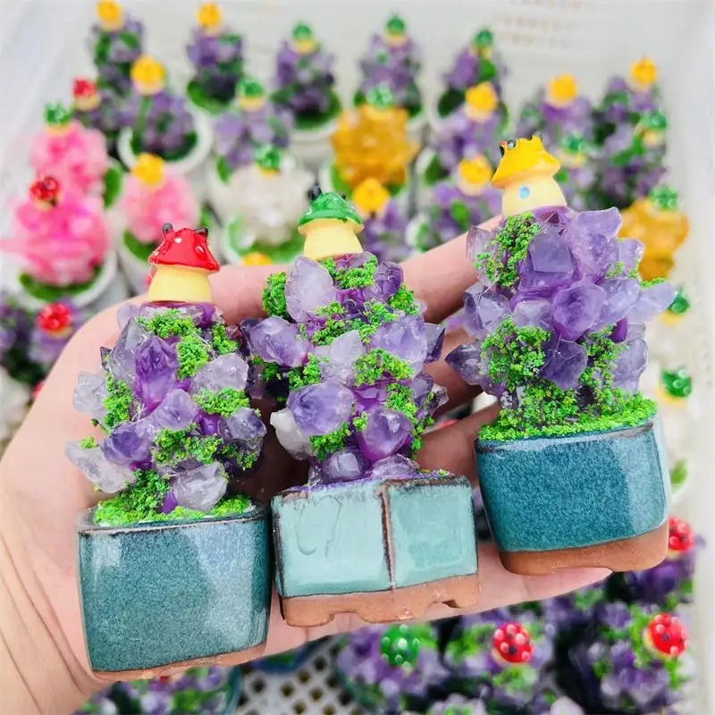 Wholesale natural high quality clear amethyst crystal pot crafts reiki yellow crystal potted plant for gifts decoration