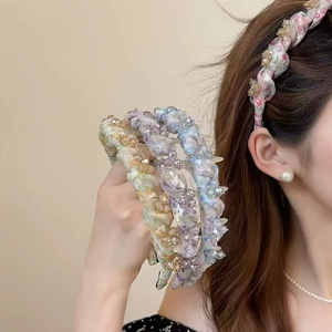 Design Style Flowers Fresh Head <strong>Loops</strong> Rhinestone Fabric Mesh Yarn Wavy Hairbands Non-slip Sweet Charm Versatile Daily Bands - Product Image 2