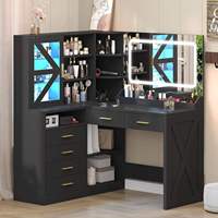 Coiffeuse d'angle moderne en bois avec miroir lumineux et banc de rangement, tiroirs de maquillage noirs pour chambre/salon – Vente en gros