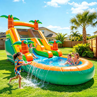 Toboggan aquatique gonflable commercial en PVC, motif palmier tropical, pour adultes et enfants, avec piscine profonde, équipement de fête en plein air