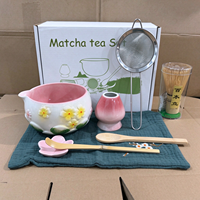 Kit de Cérémonie du Thé Matcha Japonais Traditionnel : Bol en Céramique, Fouet en Bambou Chasen, Support, Tamis à Poudre, Cuillère Doseuse, Cuillère de Mesure, Tasse