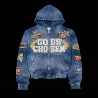 Ensemble de survêtements zippé intégral 500 g/m² surdimensionné épais avec imprimé patch strass, personnalisé ODM, pour homme, 100 % coton, effet délavé à l'acide