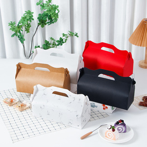 Portable Paper Cake <b>Box</b> With Handle Rectangle Kraft Paper Gift Packaging For Baking Mousse Swiss <b>Roll</b> Takeaway - Product Image 2