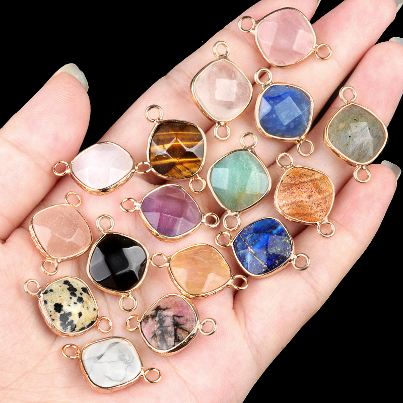 Natural Crystal Agate Obsidian Stone square Cut Double Loop Connector for Accessory Charm Pendant DIY Jewelry Making Components
