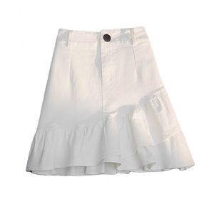 Jupe courte décontractée taille haute pour femme, coupe trapèze, en jean blanc, asymétrique à volants, anti-exposition, collection Printemps-Été - Product Image 3