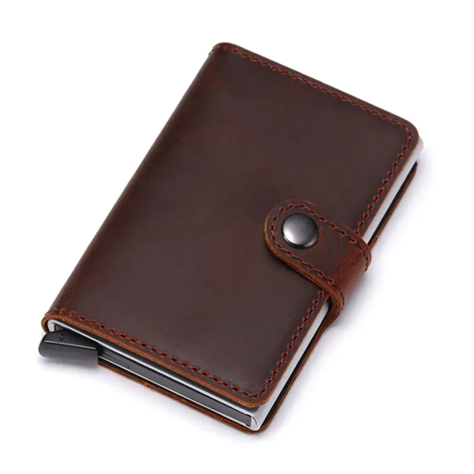 sanchuan hot selling Wholesale RFID Blocking Automatic Aluminium Pop Up Credit Card Real Genuine Leather Business Card Holder