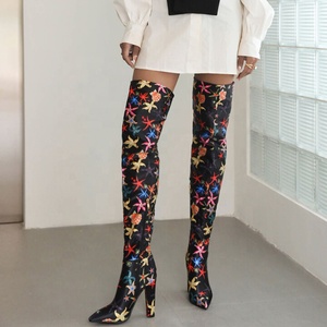 Botas Altas Negras con Estampado Lindo para Mujer, Tacones Cuadrados Altos, Botines Largos por Encima de la Rodilla, Zapatos para Pies Anchos - Product Image 2