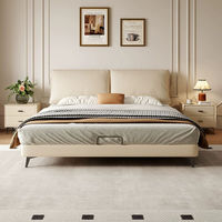 Lit king-size italien blanc éclairé, cadre de lit réglable et inclinable, lit moelleux minimaliste en bois de pin avec rangement, revêtement en cuir luxueux