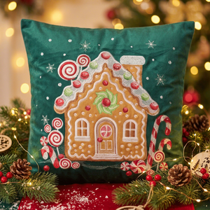 Funda de Almohada Navideña de Terciopelo Bordada Cuadrada de Lujo Dreaming Home, Diseño de Casa de Jengibre, Relleno 100% Fibra de Poliéster - Product Image 1