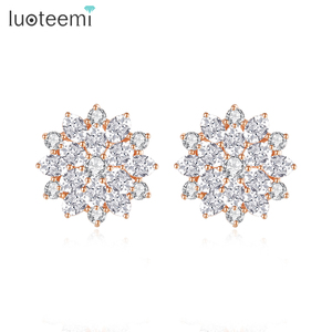 LUOTEEMI Anting-Anting Wanita, Anting-Anting Lapis Emas Merah Muda, Potongan Sempurna Mewah Zirkonia Kubik Bening, Hadiah Hari Valentine, Perhiasan Bunga - Product Image 1